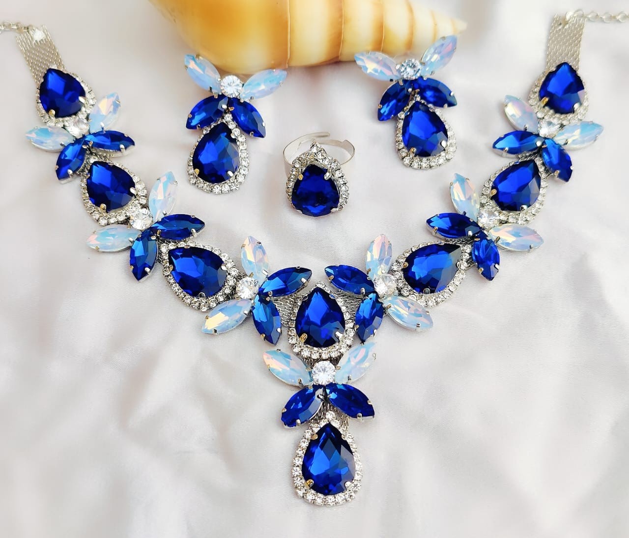 Blue Rainbow Reflection with glass stones necklace sets | online shopping glass stones jewellery in india