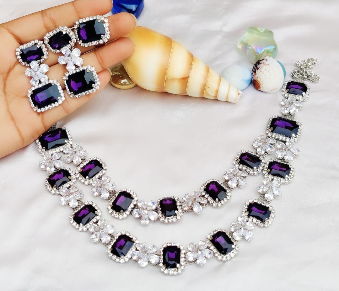 Purple colours glass stones Necklace | AD stones Korean necklace sets