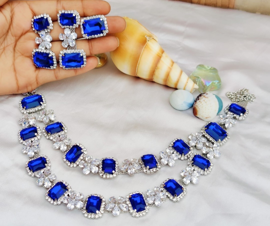 Blue colours glass stones Necklace | AD stones Korean necklace sets
