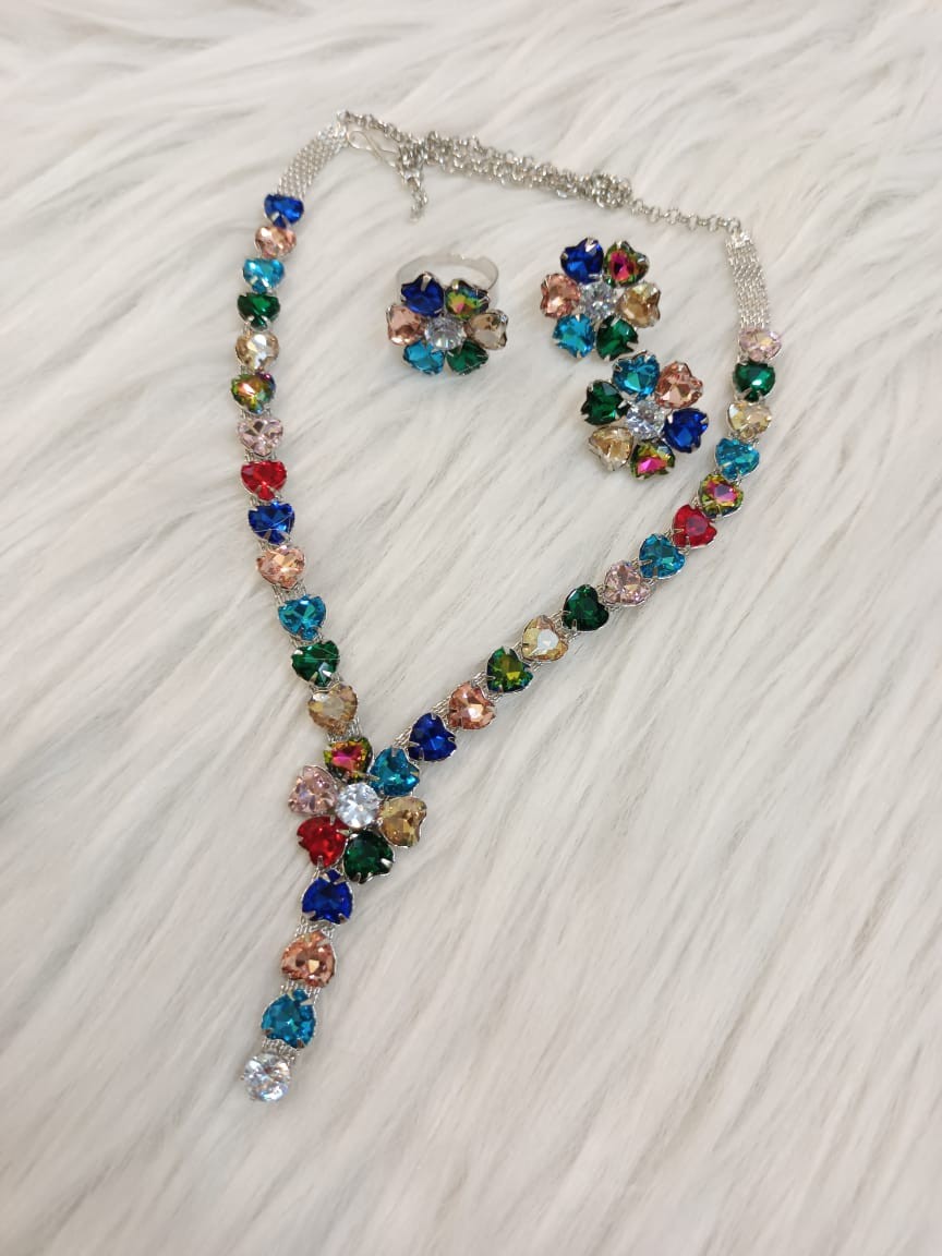Rhodium Plated multi Crystal Heart Necklace | Online shopping necklace Set for Women and Girls
