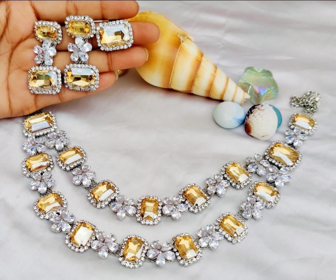 Golden colours glass stones Necklace | AD stones Korean necklace sets