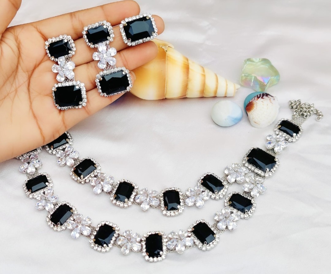 Black colours glass stones Necklace | AD stones Korean necklace sets