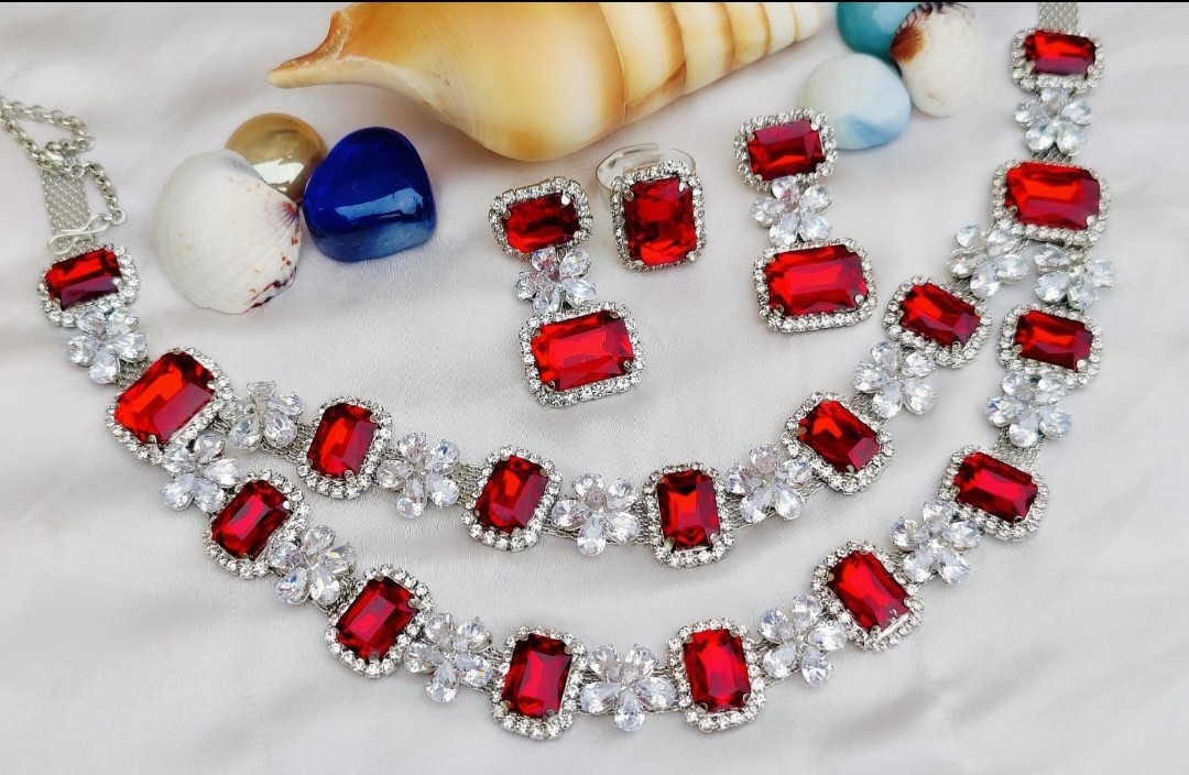 Red colours glass stones Necklace | AD stones Korean necklace sets