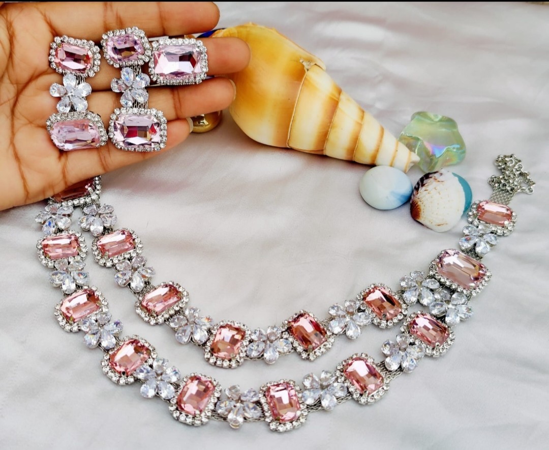 Pink colours glass stones Necklace | AD stones Korean necklace sets