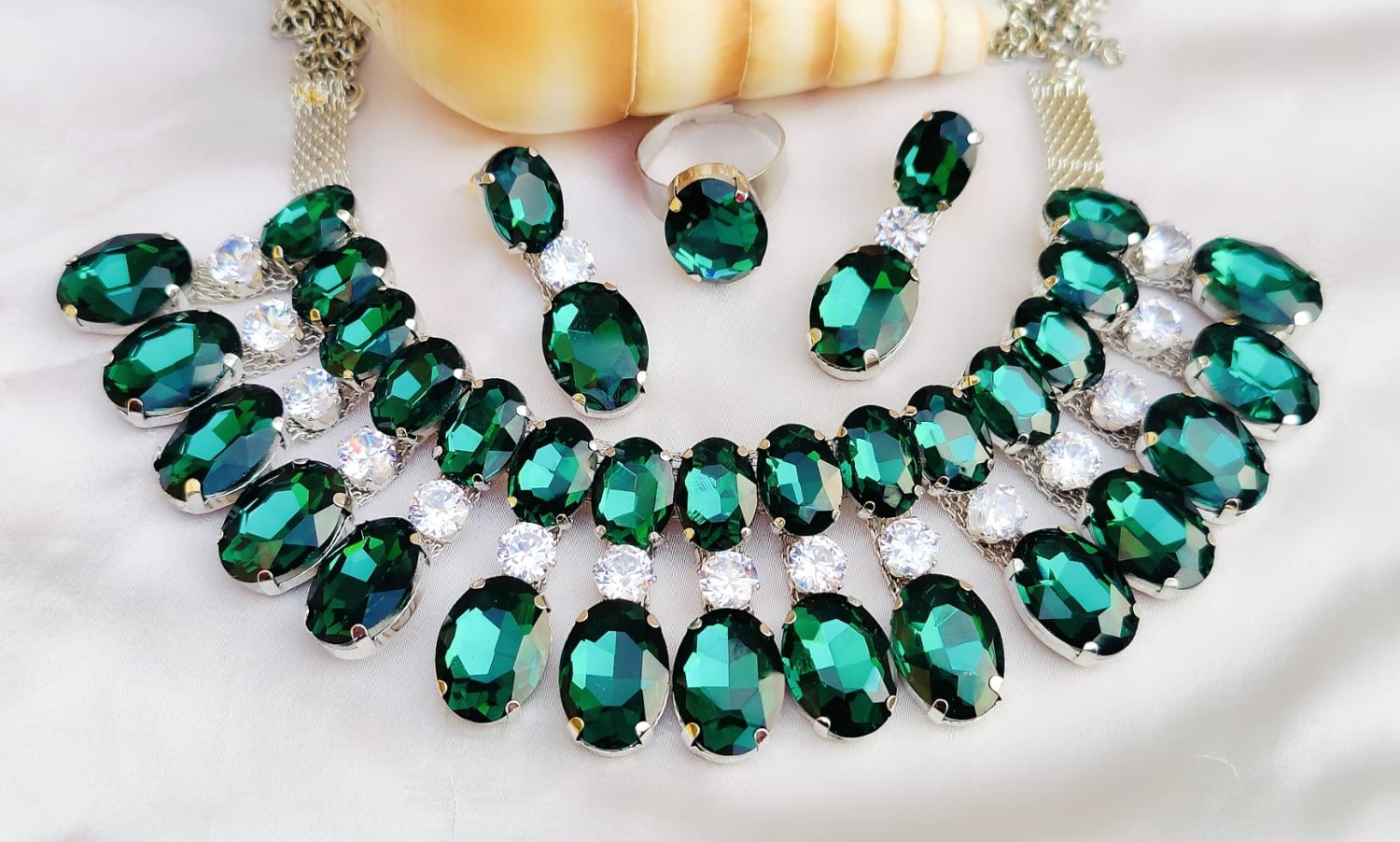 Glass Stone with AD diamond necklace set and earrings and adjustable fingerring all Color