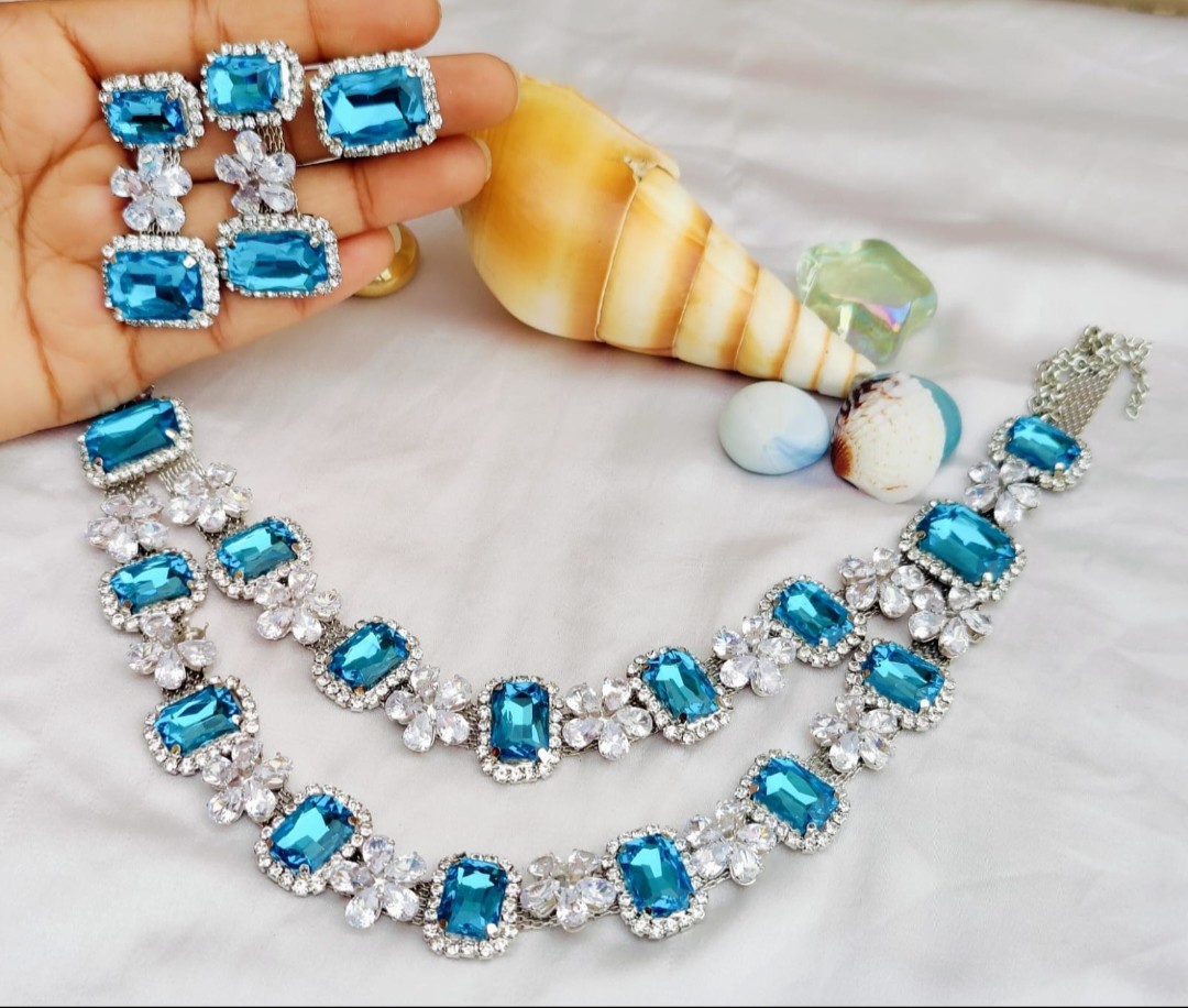 Firozi colours glass stones Necklace | AD stones Korean necklace sets