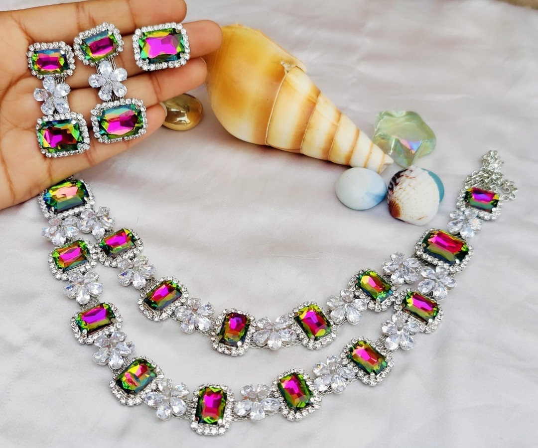 VM colours glass stones Necklace | AD stones Korean necklace sets