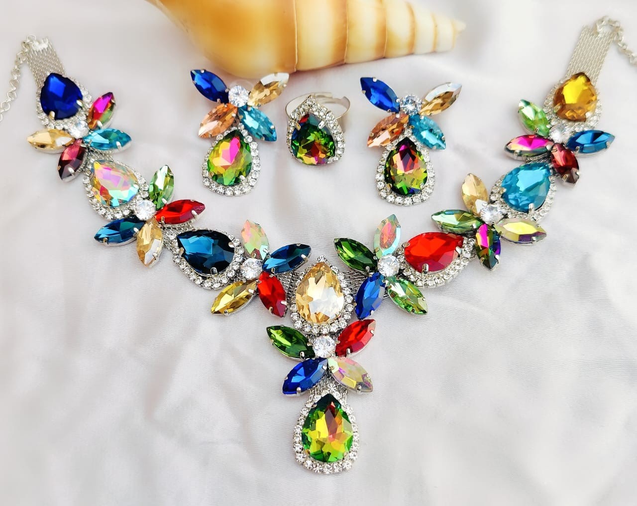 Multi Rainbow Reflection with glass stones necklace sets | online shopping glass stones jewellery in india