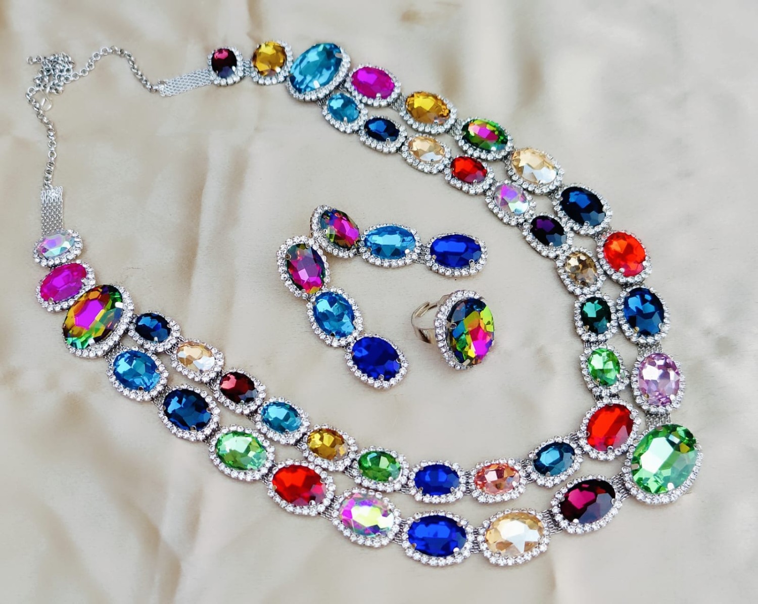 Buy Multi colour glass stones long necklace sets | buy long necklace sets for Online shopping jewellery