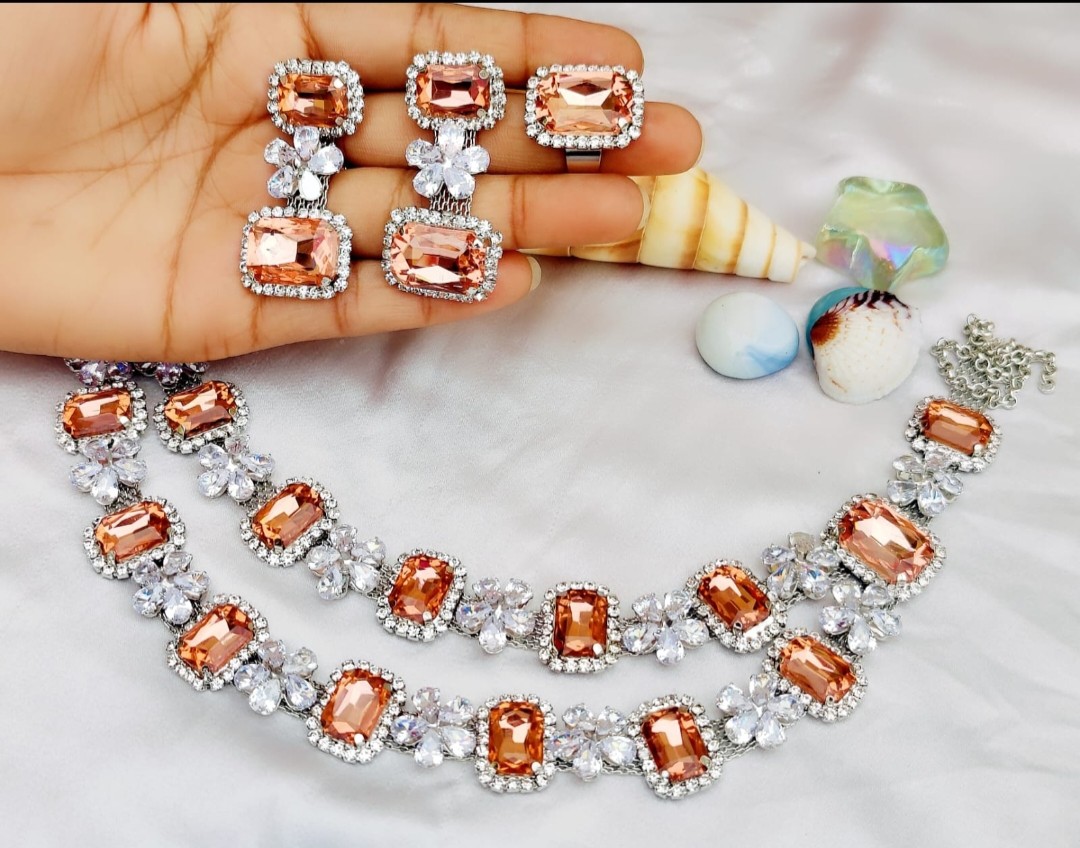 Rose gold  colours glass stones Necklace | AD stones Korean necklace sets