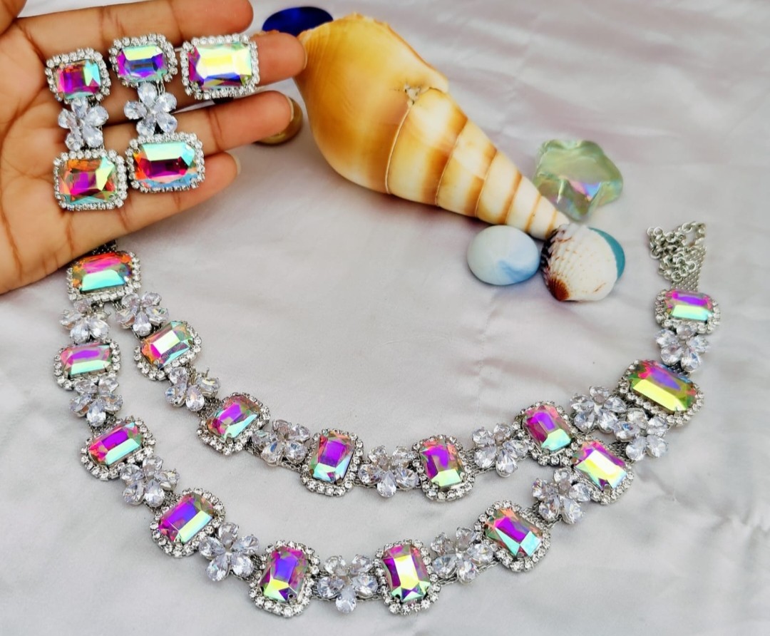Rainbow colours glass stones Necklace | AD stones Korean necklace sets